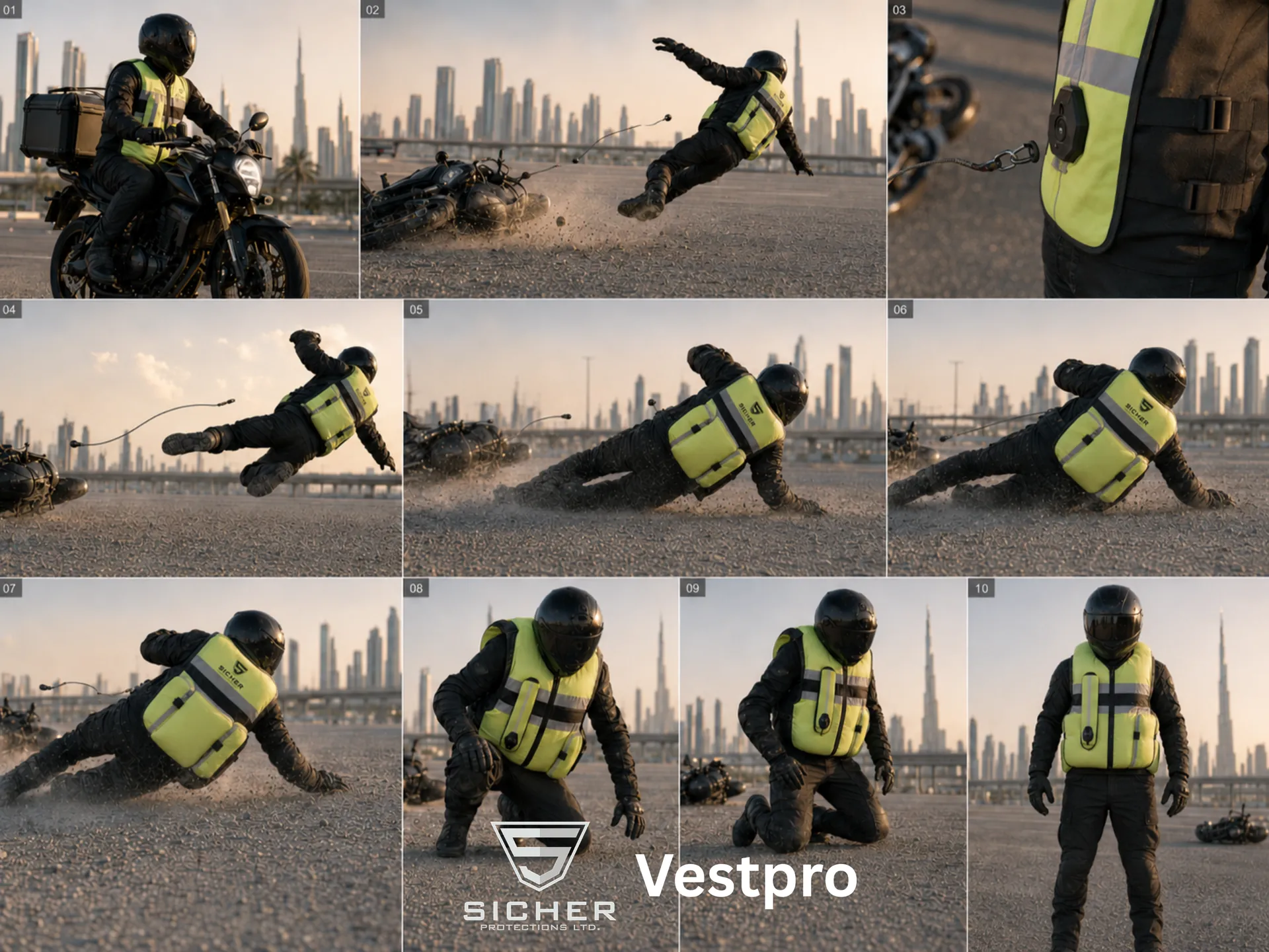 Ten frames of the VestPro crash film, from riding to standing with the airbag inflated