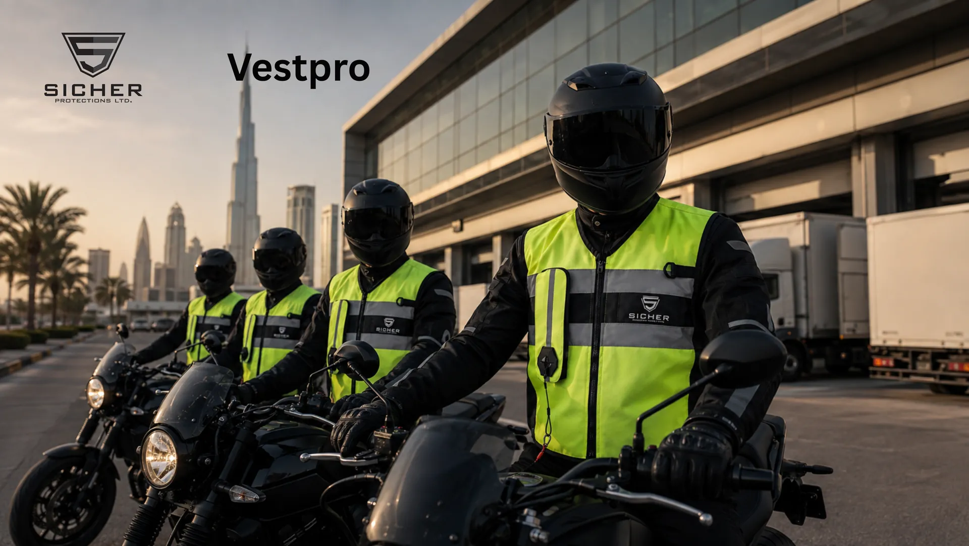 Four delivery riders in VestPro vests lined up on their motorcycles outside a logistics depot