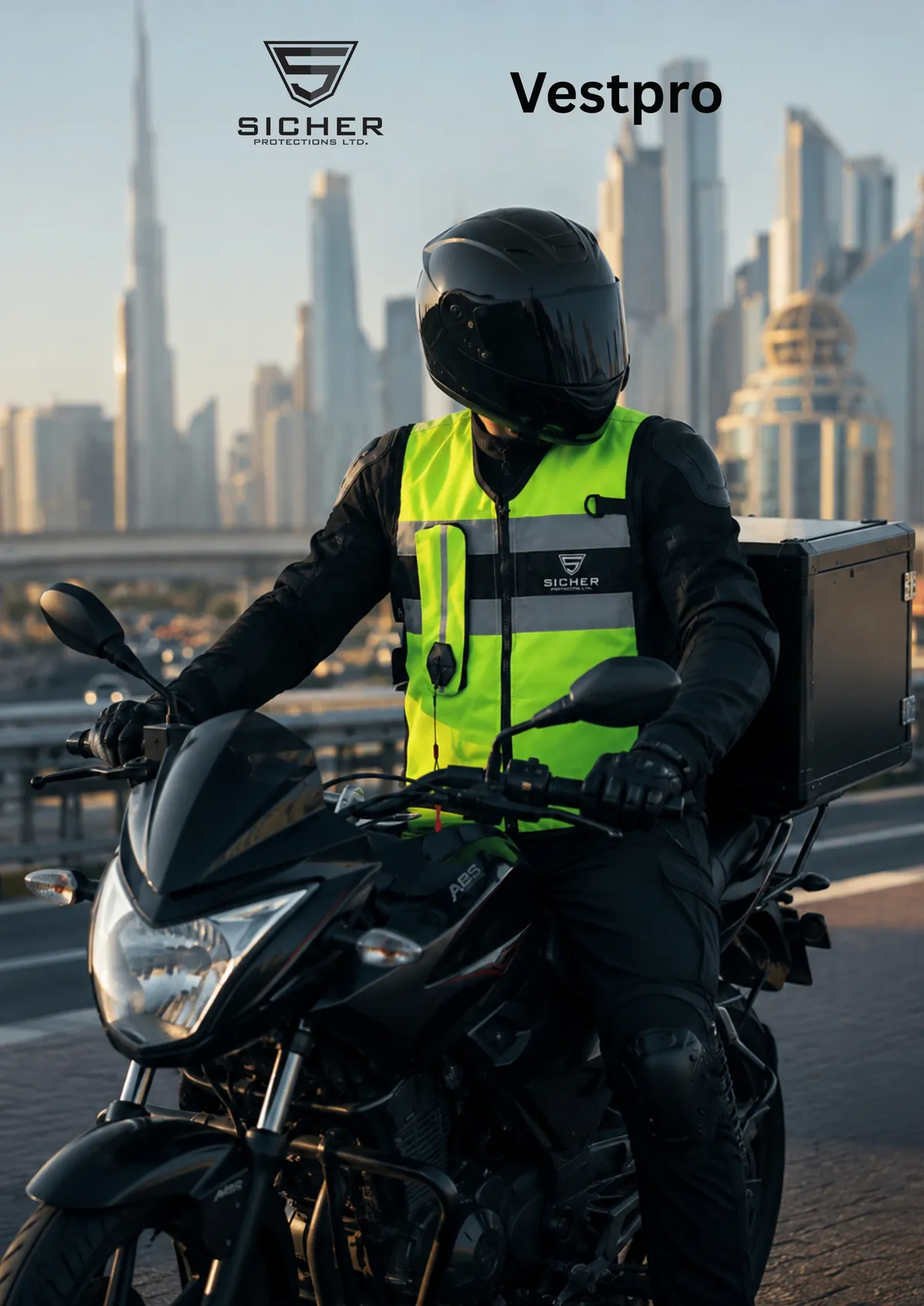 Delivery rider with a top box wearing VestPro on the highway