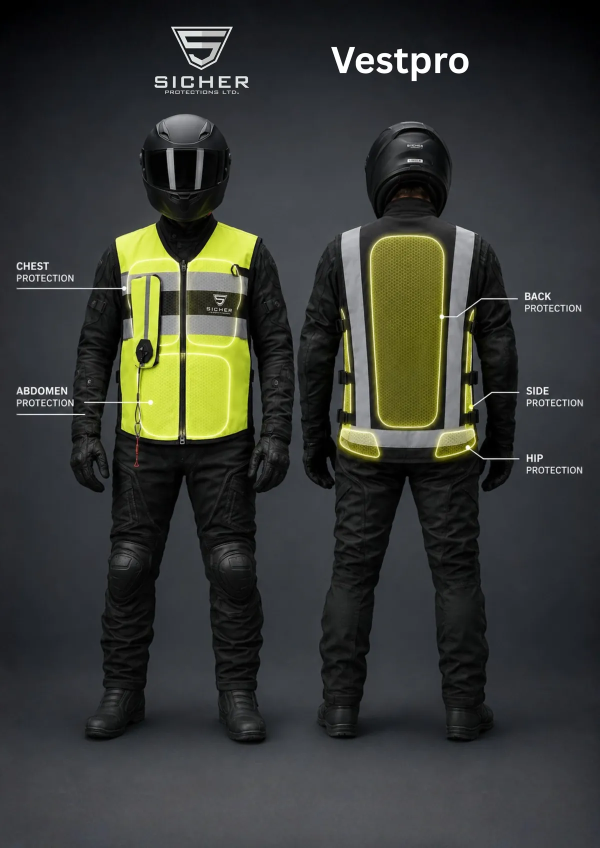 VestPro protection zones, front and back: chest, abdomen, back, side and hip