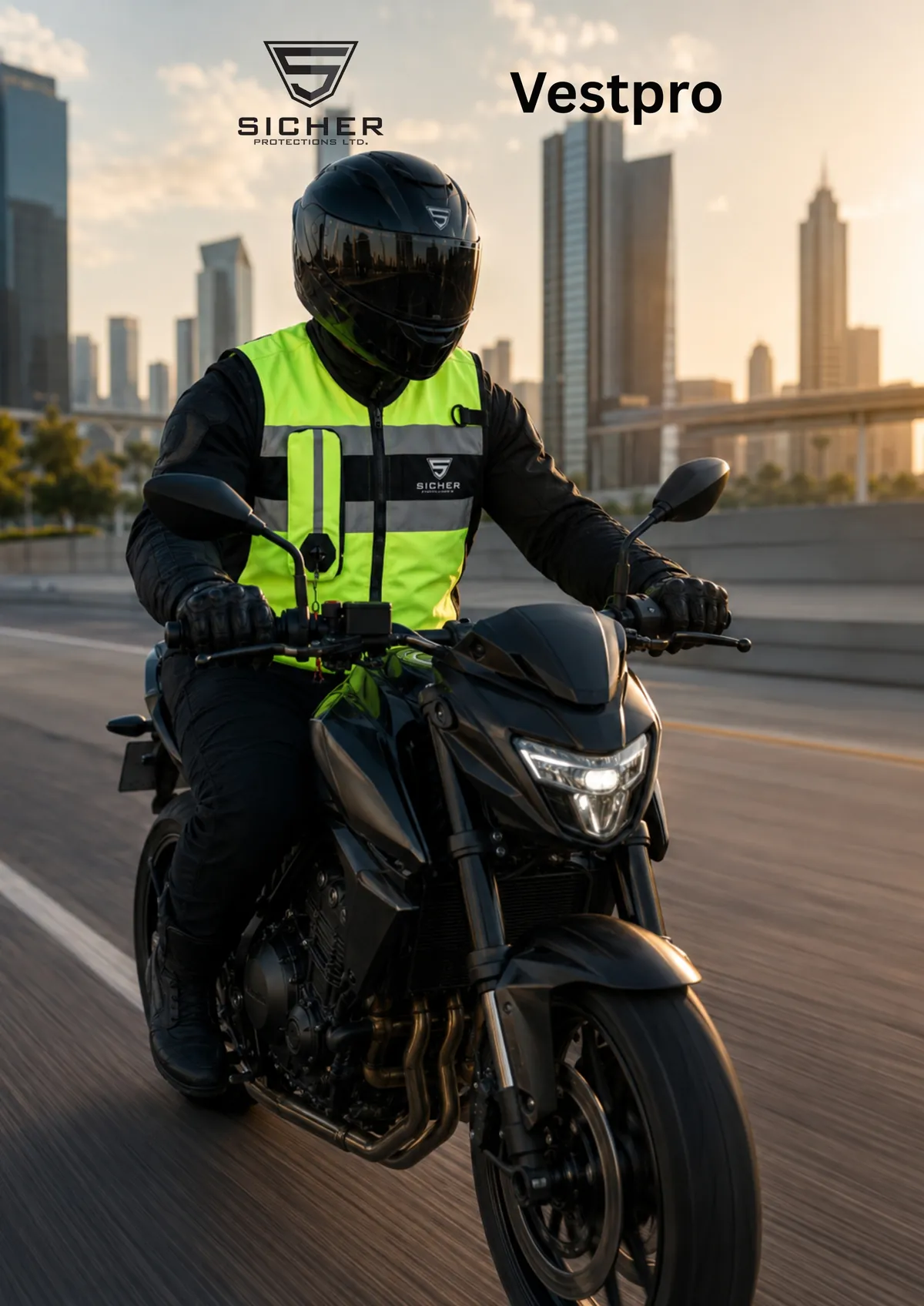Rider on a black motorcycle wearing the hi-vis VestPro vest