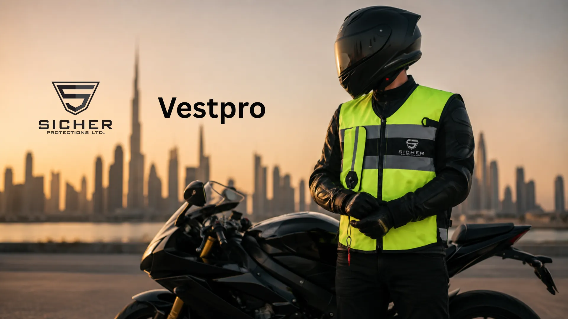Rider fastening his VestPro vest beside a sport bike at sunset