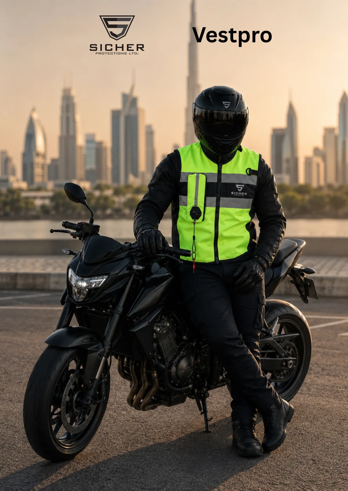 Rider in the VestPro vest leaning on his motorcycle in front of the Dubai skyline