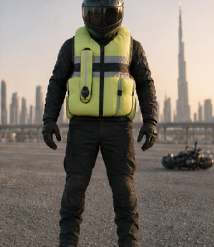 Rider standing with the VestPro airbag fully inflated